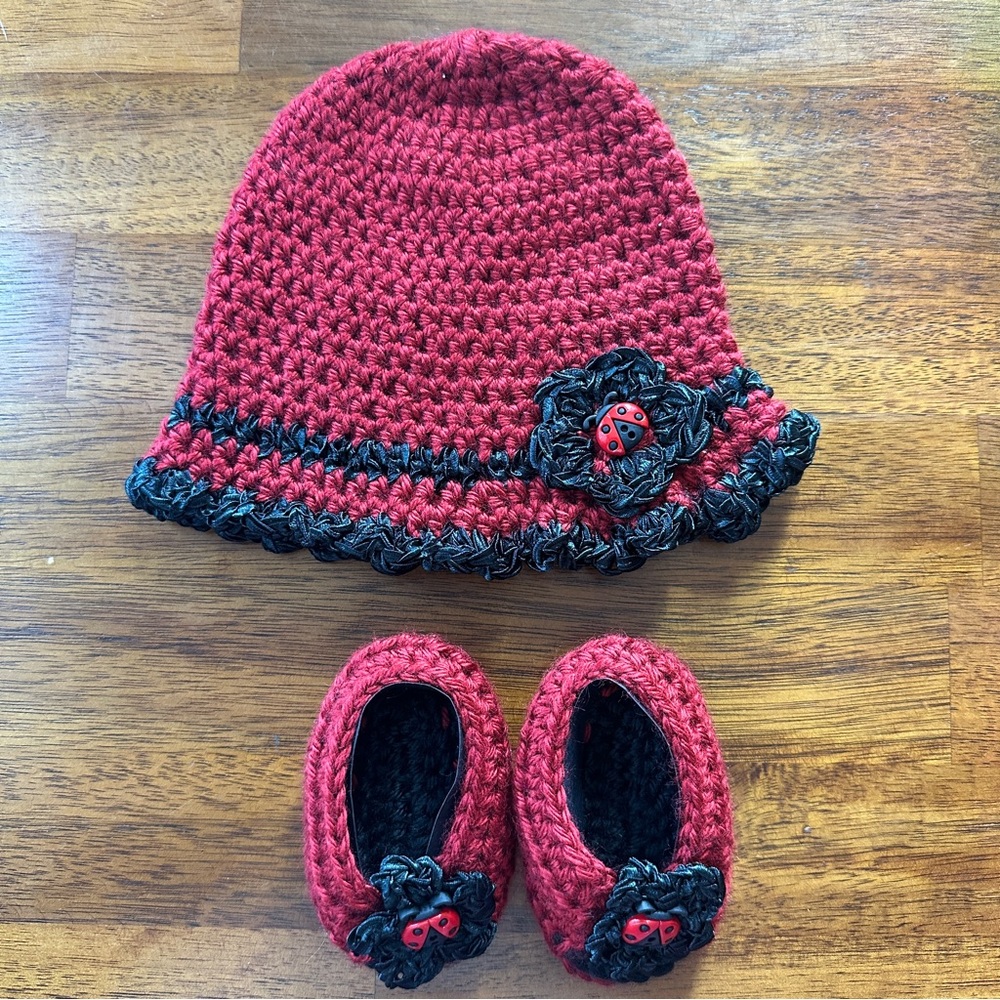 Adorable Red and Black Crochet Baby Hat and Booties Set